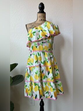 NWT Andrianna Papell Lemon Fruit One-Shoulder Sleeveless Mini Dress
